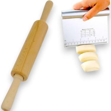 Imagem de Kit rolo para massa padeiro 43cm madeira e ESPÁTULA de corte e raspadora inox 15x11cm para massas.