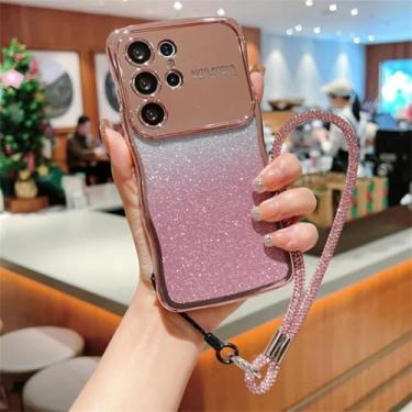 Imagem de HPQWN para Samsung S24 Plus Luxo Alça de Pulso Wave Case Fe Lanyard Gradient Plating Capa À Prova de Choque (para Samsung S24 Plus/PinkSL)