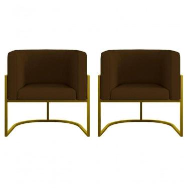 Imagem de Kit 2 Poltronas Decorativa Luxo Base De Metal Dourada Escritório Recepção Sala Suede Marrom Eli Móveis E Decoração