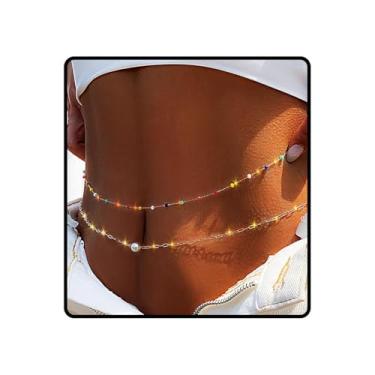 Imagem de Ursumy Corrente dourada delicada em camadas na cintura com lantejoulas para barriga cinto cruzado biquíni joia corporal para mulheres, One size, não, não