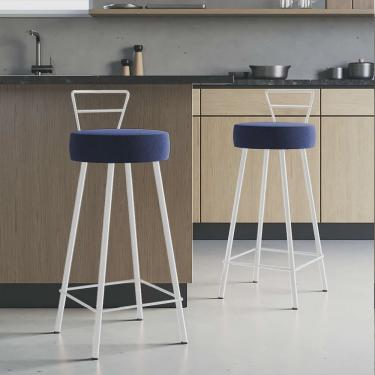 Imagem de Kit 02 Banqueta Alta Com Encosto Tina Eiffel Cozinha Bar Bistrô Ferro Branco Suede Azul Marinho - Ahazzo Móveis
