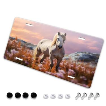 Imagem de Cavalo com crina longa em flores de tremoço ao pôr do sol capa de placa de licença de design elegante - etiqueta de carro de alumínio artística, à prova de ferrugem, design exclusivo novidade - 15 x