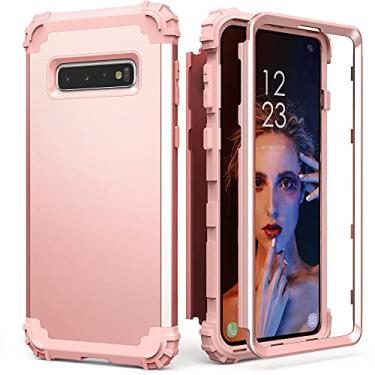 Imagem de IDweel Capa para Galaxy S10 Plus, capa para Galaxy S10+, 3 em 1, à prova de choque, slim fit, híbrida, proteção resistente, capa rígida de policarbonato de silicone macio para mulheres e meninas, ouro