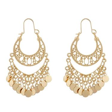 Imagem de Aonklot Brincos indianos dourados femininos tradicionais feitos à mão com pingente de lustre Jhumkas, acessórios étnicos elegantes para casamentos, festivais, conjunto de joias inspiradas em Bollywood