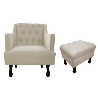 Imagem de Kit Poltrona Decorativa Julia + Puff Luis Xv Couro Bege Pés Madeira Mz