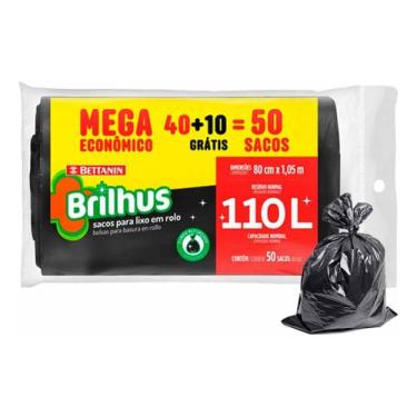 Imagem de Saco Para Lixo Em Rolo 50 Unidades 110 Litros Preto Brilhus - Betanin