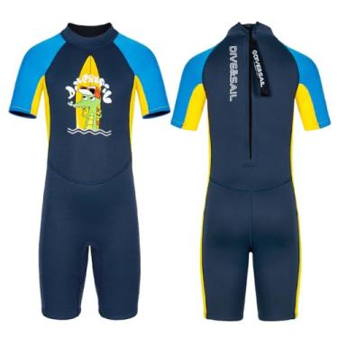 Imagem de DIVE & SAIL Roupa de mergulho infantil short para meninos e crianças pequenas 2,5 mm neoprene maiô primavera proteção UV mantém quente roupas de mergulho de manga curta para natação surfe tamanho M,