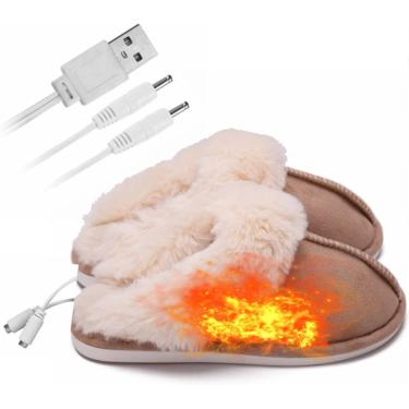 Imagem de Chinelos aquecidos unissex Chinelos de aquecimento elétrico USB Aquecido sapato de pelúcia Aquecedor de pés de inverno Aquecedor de pés Alívio frio confortável tamanho livre, marrom, médio