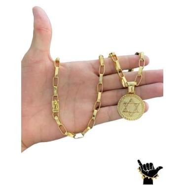 Imagem de Corrente Tijolinho 8Mm +Pingente Estrela Davi Banhado A Ouro - Tojoia1