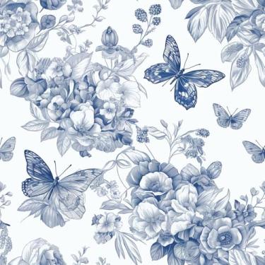 Imagem de REDAMANCY Papel de parede vintage azul branco borboleta flores descascar e colar papel de parede papel de parede vintage papel de parede vintage fácil de remover para mesa de cabeceira gaveta armário