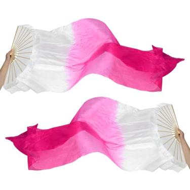 Imagem de PATIKIL Véu de seda para 16 leques de dança do ventre 119 cm, 1 par (esquerda + direita) ventilador de dança longo dobrável de madeira para apresentação de dança, rosa branca