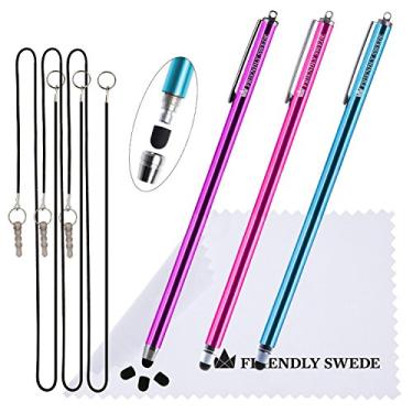 Imagem de (Hot Pink + Purple + Aqua Blue) - Extra Long Thin-Tip Precision Stylus - Bundle of 3 Premium XXL Universal Capacitive Stylus Pens 19cm + Extra 3 Replaceable Tips + 5.1cm x 38cm Elastic Tether Lanyards + Cleaning Cloth