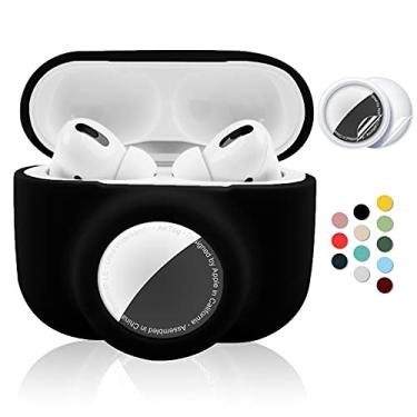 Imagem de Capa protetora 2 em 1 para Apple AirPods Pro Air Tag Combo, capa Airpods Pro AirTag de silicone macio com 2 peças de protetores de tela, antiarranhões, antiqueda, antiperda e à prova de choque, durável (preto)
