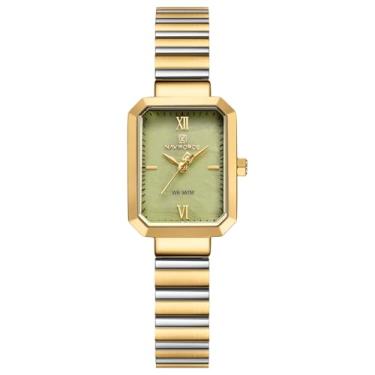 Imagem de NAVIFORCE Relógio feminino simples estilo retrô pulseira de aço inoxidável, caixa retangular vintage para mulheres com ferramenta de ajuste, ouro + verde + ouro, Tendência
