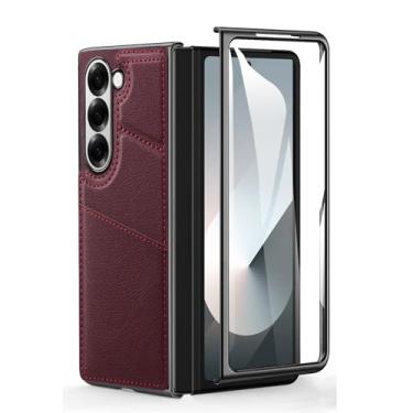 Imagem de HAO RIYLN Capa carteira para Samsung Galaxy Z Fold6, capa de telefone de couro retrô com compartimentos para cartões, suporte oculto, capa galvanizada à prova de choque, vermelha, Z FOLD6