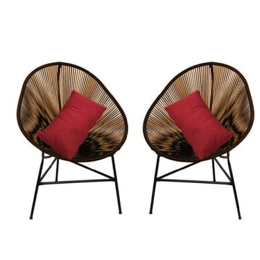 Imagem de Kit 02 Poltrona Cadeira Acapulco Plus Com Almofada Quadrado Marrom Tecido Sintético Vermelho