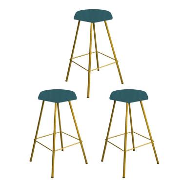 Imagem de Kit 03 Banqueta Alta Lari Eiffel Hexágono Bancada Ferro Dourado Suede Azul Turquesa - Amey Decor