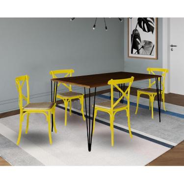 Imagem de Jogo De Mesa Elen Retangular Tampo De Madeira 140X80Cm Amêndoa Com 4 Cadeiras Katrina Amarela