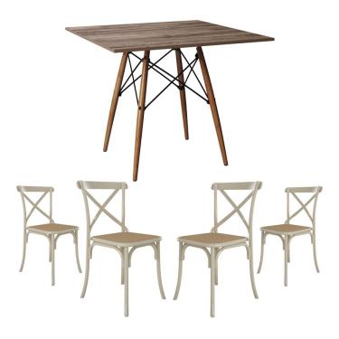 Imagem de Jogo De Mesa Eiffel Quadrado Tampo De Madeira 90Cm Amêndoa Com 4 Cadeiras Katrina Off White Assento