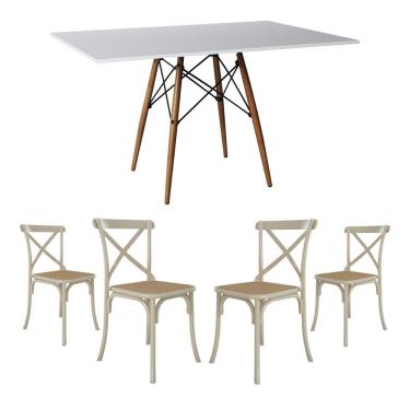 Imagem de Jogo De Mesa Eiffel Retangular Tampo De Madeira 120X75Cm Branco Com 4 Cadeiras Katrina Off White