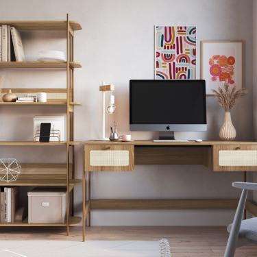 Imagem de Kit 2 Peças Com Escrivaninha 2 Gavetas E Estante Palhinha Pé Metal