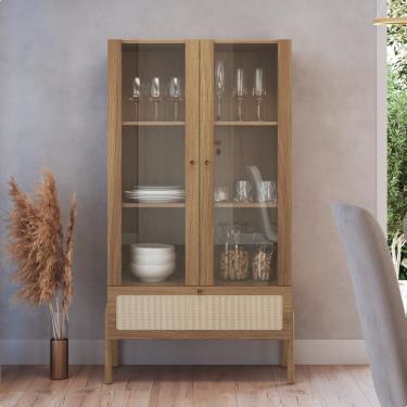 Imagem de Cristaleira 2 Portas Vidro 1 Gaveta 83cm Palhinha Pé Madeira Hanover