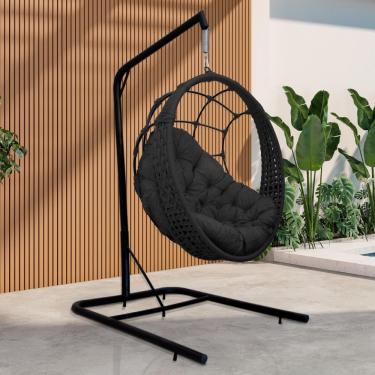 Imagem de Cadeira Balanço Ninho Suspenso Em Corda Náutica Luxo Com Suporte Preto