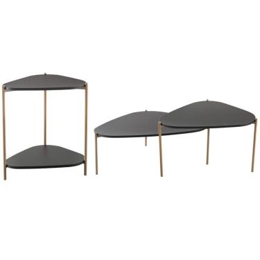 Imagem de Kit 02 Mesas De Centro E 01 Mesa Lateral Pés Metálicos Adek A03 Nero Dourado - Lyam Decor