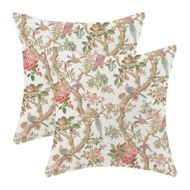 Imagem de Chinoiserie Capas de travesseiro 45,7 x 45,7 cm Conjunto de 2 almofadas vintage rosa floral pássaros planta decoração ao ar livre flores rosa fronhas de linho capas de almofada para cama sofá sofá