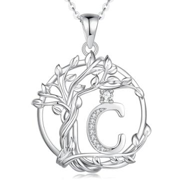 Imagem de FANCIME Presentes de dia das mães, árvore da vida, colares com inicial para mulheres, joia de árvore de prata esterlina, pingente de letra de diamante simulado, zircônia cúbica, zircônia cúbica,