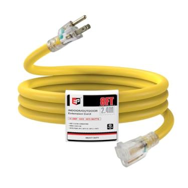 Imagem de EP Cabo De Extensão Iluminado 8 Pés - 12/3 Sjtw Amarelo Resistente Com Plugue Aterrado 3 Pinos Para Gramado, Jardim E Eletrodomésticos