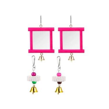 Imagem de IEUDNS 2x Brinquedos de espelho de galinha com sino, bico de mastigação interativo, pedras de moer, brinquedo de bicadas de madeira para galos, galinhas, Vermelho