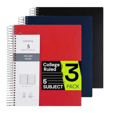 Imagem de ONAVIA Caderno espiral para escola, pacote com 3, 5 matérias, papel pautado universitário, 200 folhas, 23 x 28 cm, 5 divisórias com bolsos, perfurado com 3 furos, capa de plástico, diário forrado a