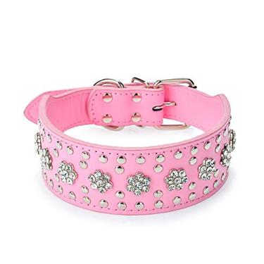 Imagem de Coleiras para cachorro com strass e estampa de flores com strass da Haoyueer com diamantes de cristal brilhantes, brilhantes, elegantes, chiques, de couro PU para cães de porte médio e grandehaoyueer L rosa C0100110391