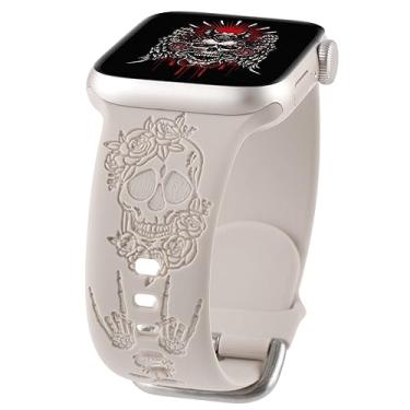Imagem de Pulseira esportiva de silicone macio esculpida com caveira de Halloween compatível com Apple Watch de 42 mm, 44 mm e 45 mm, pulseira esportiva de silicone macio esculpida floral para iWatch séries SE 8, 7, 6, 5, 4 e 3 para mulheres e homens (caveira-luz das estrelas, 42 mm/44 mm/45 mm)