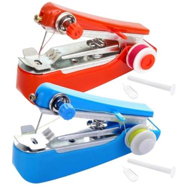 Imagem de Máquina de costura manual, 2 peças mini máquina de costura portátil para iniciantes, máquina de costura portátil DIY com acessórios para roupas, cortinas, máquina de costura à mão, mini máquina de