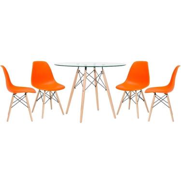 Imagem de Mesa Redonda Com Tampo De Vidro 100Cm + 4 Cadeiras Laranja