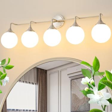 Imagem de Ritakcdn Luminárias De Penteadeira Em Níquel Escovado Ritakcdn, Iluminação Banheiro Com 5 Luzes Sobre O Espelho, Arandelas Parede Modernas Cúpulas Vidro Branco Leitoso