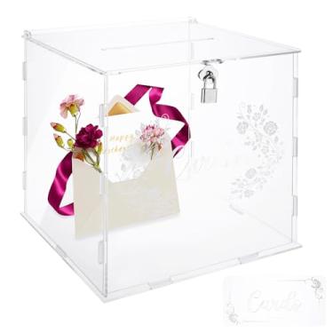 Imagem de FWEEK Caixa de cartão de acrílico transparente com trava e compartimento, suporte de envelope transparente para recepção, caixa de armazenamento de presente segura para festa de casamento, caixa de