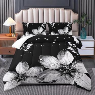 Imagem de Tuzaovy Conjunto de edredom de solteiro, floral, preto e branco, botânico, lençol de solteiro, floral, para mulheres, 1 conjunto de colcha com 2 fronhas.