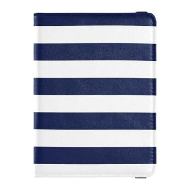 Imagem de Combo de porta-cartão de passaporte e vacina com listras horizontais azuis e brancas para viagem, capa protetora para passaporte para mulheres, ultrafina