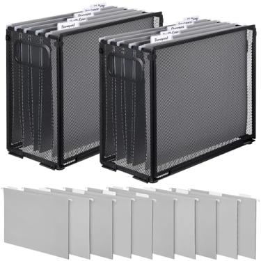 Imagem de Otoolling Pacote com 2 suportes de arquivo para pendurar, 10 pastas suspensas, malha de metal, armazenamento de pasta tamanho carta, armários de armazenamento de mesa, documentos escolares de