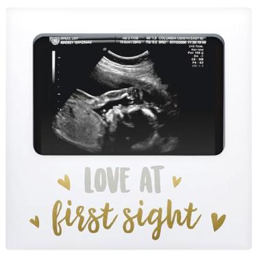 Imagem de Tiny Ideas Moldura de ultrassom Love at First Sight, lembrança de ultrassom neutro de gênero, presente ideal para gravidez, decoração de chá de bebê e berçário, inserção de foto de 10 x 15 cm, dourado