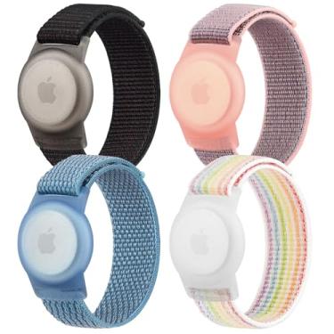 Imagem de Pacote com 4 pulseiras de nylon para crianças, airtag de nylon macio para Apple AirTag, pulseira ajustável antiperda para bebês, meninos e meninas, idosos (preto/azul/areia rosa/arco-íris)