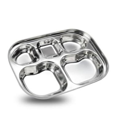 Imagem de Pratos divididos de aço inoxidável coreano, sem BPA, controle de alimentos dietéticos, pratos de acampamento, travessa de servir compacta, lanche de jantar, 5 pratos prateados, conjunto de 2