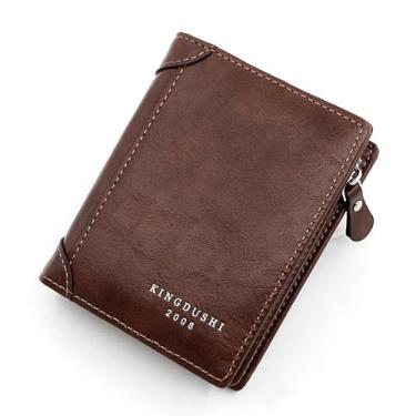 Imagem de Carteira Masculina Vertical Kingdushi Em Couro Com Zíper + Porta Moeda Com Vários Compartimentos (Marrom Escuro)