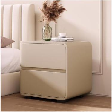 Imagem de Mesa De Cabeceira Mesa De Cabeceira De Madeira Maciça Elegante Mesa De Cabeceira Escandinava Com 2 Gavetas Mesa Lateral Moderna Cômoda De Couro Mesa De Cabeceira Nórdica Para Quarto, Khaki, Right