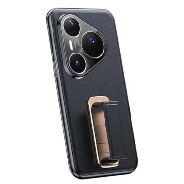 Imagem de HAOMRIYL Capa de couro para Huawei Pura 80 Ultra/80 Pro+/80 pro/80, capa galvanizada com alça de pulso Kickstand capa de proteção para câmera, preta, 80 Pro+