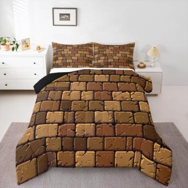 Imagem de Castle Fairy Conjunto de edredom quadrado mineiro, tamanho solteiro, com tema pixelado, 2 peças, para decoração de quarto de crianças, meninas, meninos, edredom acolchoado, estilo pixel, marrom, 1