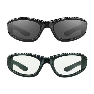 Imagem de Óculos de sol de motocicleta com strass acolchoados para mulheres Lentes amarelas com visão noturna e armações modernas de strass (preto fumê + combo preto transparente)